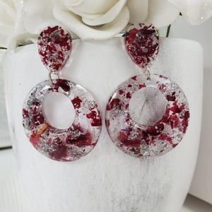 Handmade real flower long circular post earrings made with rose petals and silver leaf preserved in resin. - Long Earrings, Red Earrings, Earrings