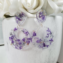 Load image into Gallery viewer, Handmade real flower long circular post earrings made with purple statice and silver leaf preserved in resin. - Long Earrings, Red Earrings, Earrings
