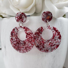 Load image into Gallery viewer, Handmade real flower long circular drop post earrings made with rose petals and silver leaf preserved in resin. - Long Earrings, Pink Earrings, Earrings