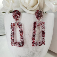 Load image into Gallery viewer, Handmade real flower long rectangular stud earrings made with rose petals and silver leaf preserved in resin. - Flower Earrings, Dangle Earrings, Long Earrings