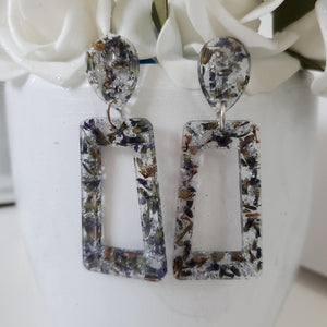 Handmade real flower long rectangular stud earrings made with lavender petals and silver leaf preserved in resin. - Flower Earrings, Dangle Earrings, Long Earrings