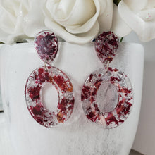 Load image into Gallery viewer, Handmade real flower long oval stud earrings made with red rose petals and silver leaf preserved in resin. - Flower Earrings, Wedding Earrings, Bridesmaid Earrings