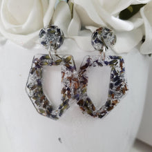 Load image into Gallery viewer, Handmade real flower long odd shape stud earrings made with lavender petals and silver preserved in resin. - Flower Earrings, Dangle Earrings, Bridesmaid Earrings
