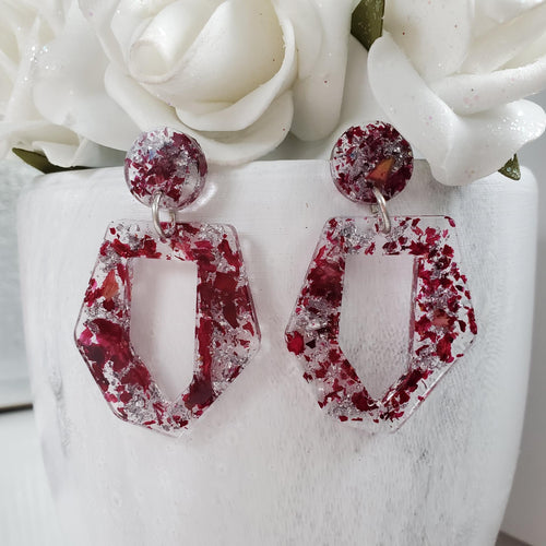 Handmade real flower long odd shape stud earrings made with red rose petals and silver preserved in resin. - Flower Earrings, Dangle Earrings, Bridesmaid Earrings