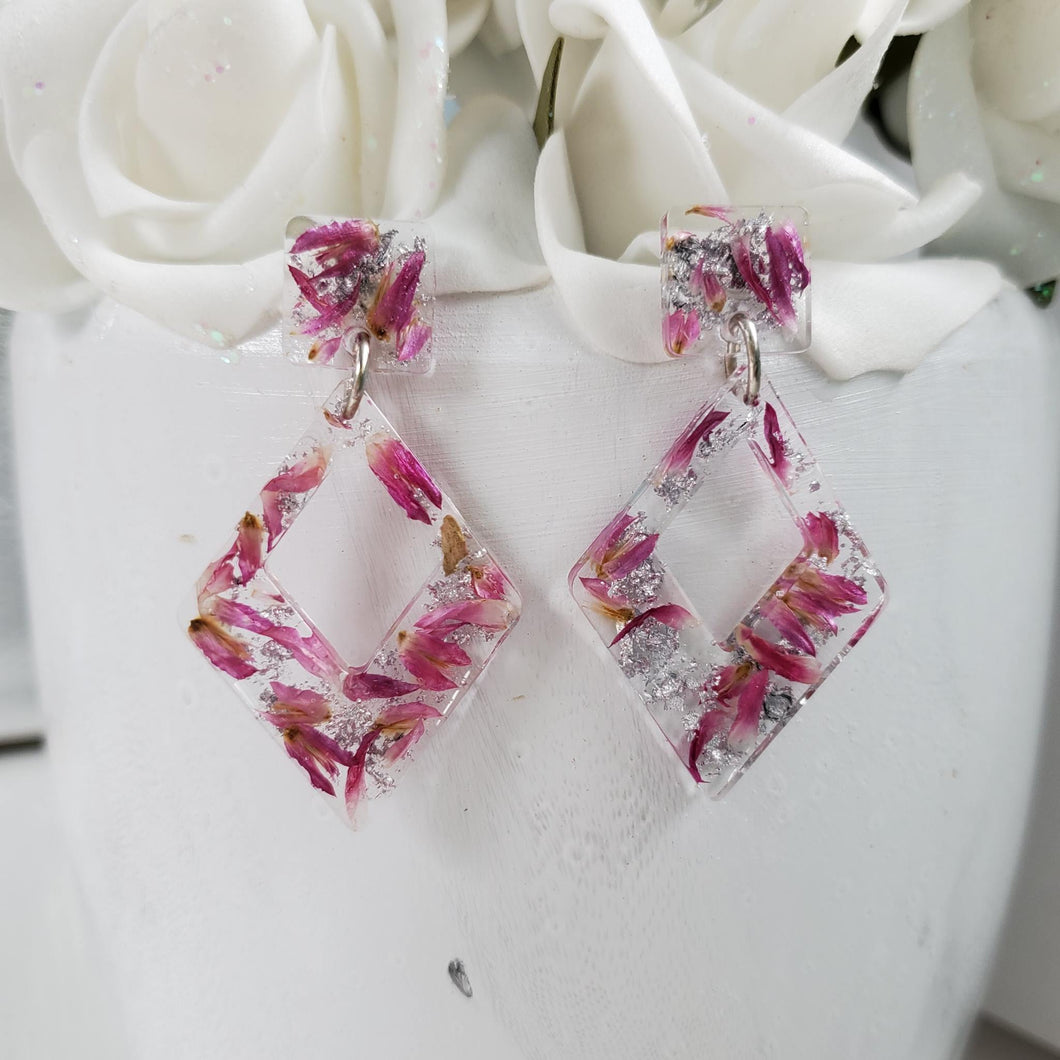 Handmade real flower long triangular stud earrings made with red clover flowers and silver leaf preserved in resin. - Triangular Earrings, Stud Earrings, Pink Earrings