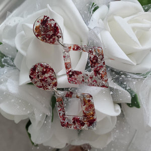 Handmade real flower long triangle stud earrings made with red rose petals and silver leaf preserved in resin. - Triangular Earrings, Long Stud Earrings, Red Earrings