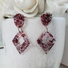Load image into Gallery viewer, Handmade real flower long triangle stud earrings made with red rose petals and silver leaf preserved in resin. - Triangular Earrings, Long Stud Earrings, Red Earrings