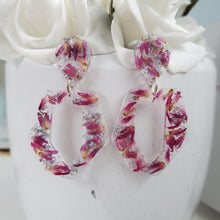 Load image into Gallery viewer, A handmade real flower long odd shape stud earrings made with red clover flowers and silver leaf preserved in resin.- Floral Earrings, Dangle Earrings, Bridesmaid Earrings