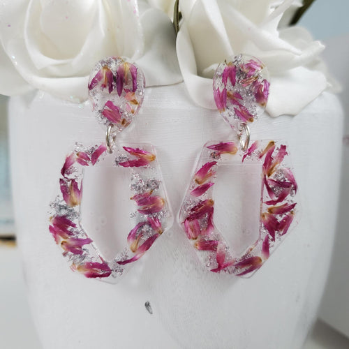 A handmade real flower long odd shape stud earrings made with red clover flowers and silver leaf preserved in resin.- Floral Earrings, Dangle Earrings, Bridesmaid Earrings