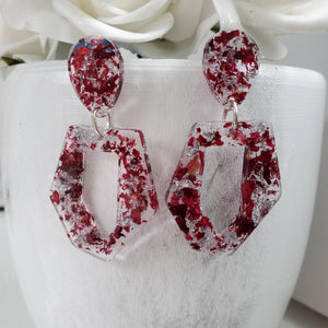 A handmade real flower long odd shape stud earrings made with red rose petals and silver leaf preserved in resin.- Floral Earrings, Dangle Earrings, Bridesmaid Earrings