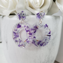Load image into Gallery viewer, Handmade real flower oval stud drop earrings made with purple statice and silver leaf preserved in resin.  - Resin Flower Jewelry, Oval Earrings, Earrings
