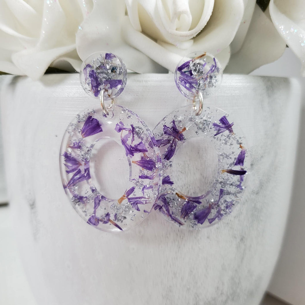 Handmade real flower oval stud drop earrings made with purple statice and silver leaf preserved in resin.  - Resin Flower Jewelry, Oval Earrings, Earrings