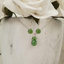 Load image into Gallery viewer, Handmade pave crystal rhinestone drop necklace accompanied by a pair of dangling earrings - peridot (green) or custom color - Rhinestone Necklace Earrings - Necklace Set