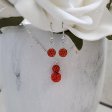 Load image into Gallery viewer, Handmade pave crystal rhinestone drop necklace accompanied by a pair of dangling earrings - hyacinth (orange) or custom color - Rhinestone Necklace Earrings - Necklace Set
