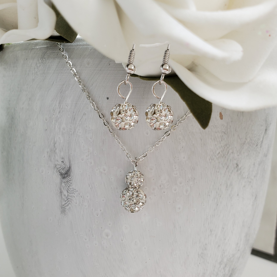 Handmade pave crystal rhinestone drop necklace accompanied by a pair of dangling earrings - silver or custom color - Rhinestone Necklace Earrings - Necklace Set