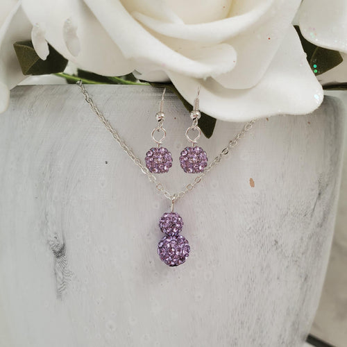 Handmade pave crystal rhinestone drop necklace accompanied by a pair of dangling earrings - violet or custom color - Rhinestone Necklace Earrings - Necklace Set