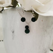 Load image into Gallery viewer, Handmade pave crystal rhinestone drop necklace accompanied by a pair of dangling earrings - emerald or custom color - Rhinestone Necklace Earrings - Necklace Set