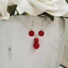 Load image into Gallery viewer, Handmade pave crystal rhinestone drop necklace accompanied by a pair of dangling earrings - light siam (red) or custom color - Rhinestone Necklace Earrings - Necklace Set