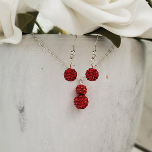 Handmade pave crystal rhinestone drop necklace accompanied by a pair of dangling earrings - light siam (red) or custom color - Rhinestone Necklace Earrings - Necklace Set