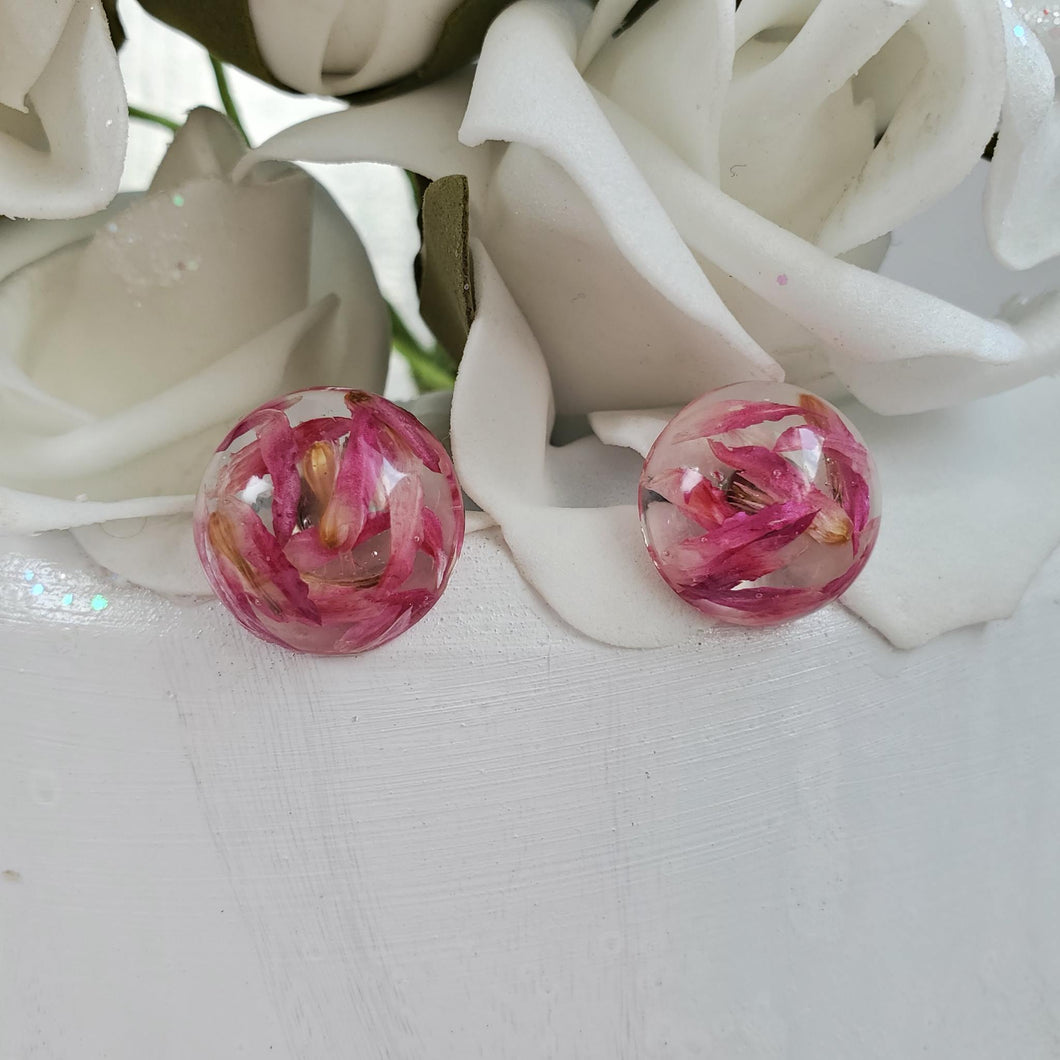 Handmade real flower circular stud earrings made with red clover flowers preserved in resin. - Floral Stud Earrings, Resin Earrings, Circle Earrings