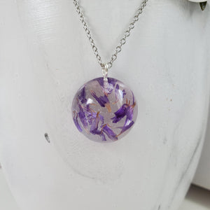 Handmade real flower pendant necklace made with purple statice preserved in resin. - Floral Pendant, Flower Necklace, Resin Necklace