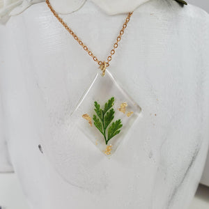 Handmade real pressed fern and gold leaf flakes pendant necklace preserved in resin. - Necklaces, Fern Pendant, Fern Necklace