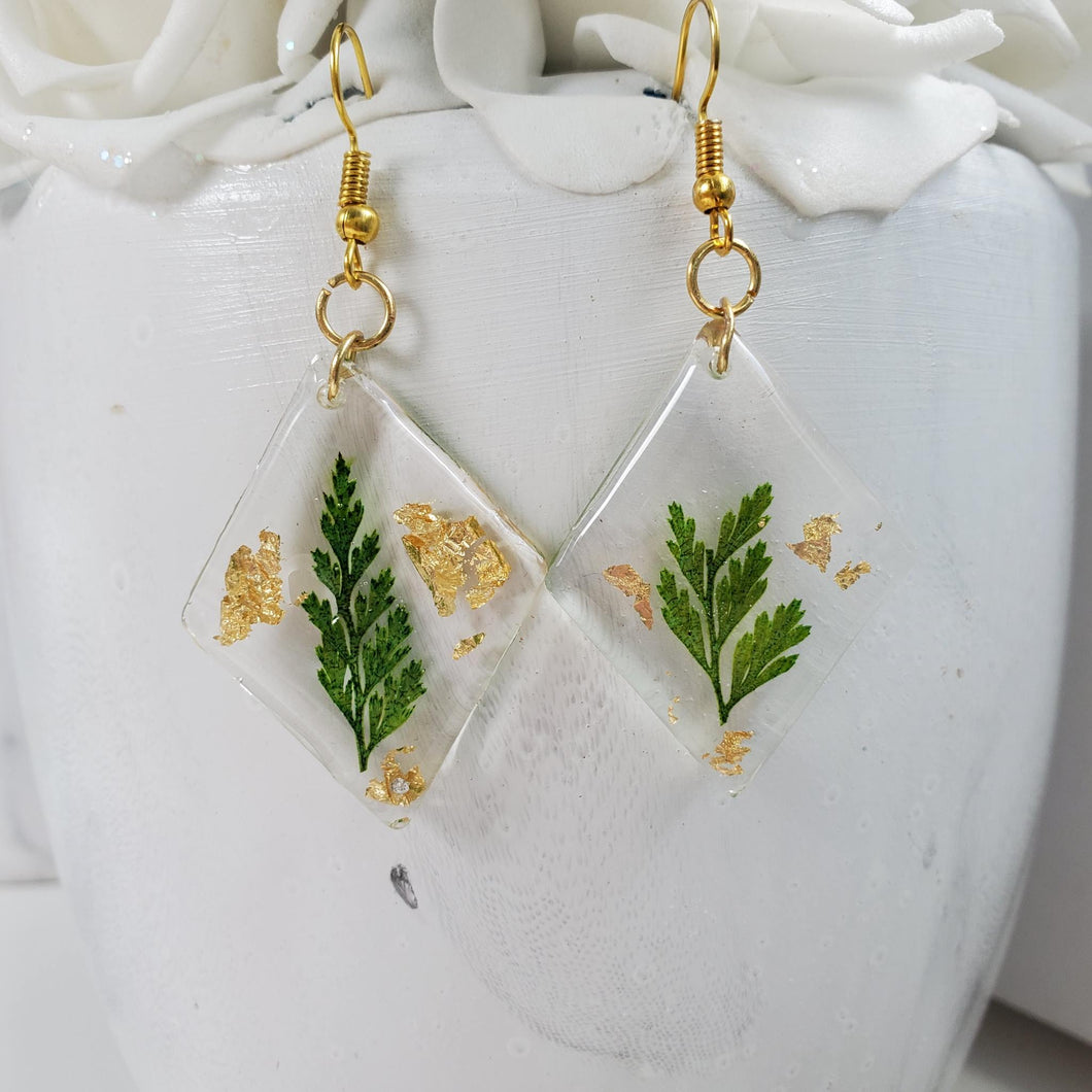 Handmade drop earrings made with real pressed fern and gold leaf preserved in resin. - Fern Earrings, Leaf Earrings, Resin Earrings, Earrings
