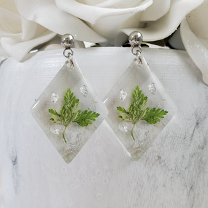 Handmade stud drop earrings made with real pressed fern and silver leaf preserved in resin. - Fern Earrings, Leaf Earrings, Resin Earrings, Earrings