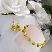 Load image into Gallery viewer, Handmade pave crystal rhinestone link bracelet accompanied by a pair of dangle drop earrings - citrine (yellow) or custom color - Bracelet Sets - Bridal Party Gifts - Bridesmaid Jewelry