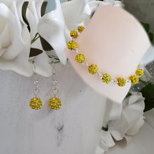 Load image into Gallery viewer, Handmade pave crystal rhinestone bracelet accompanied by a pair of drop earrings - citrine (yellow) or custom color -Rhinestone Jewelry Set-Bracelet and Earring Jewelry Set