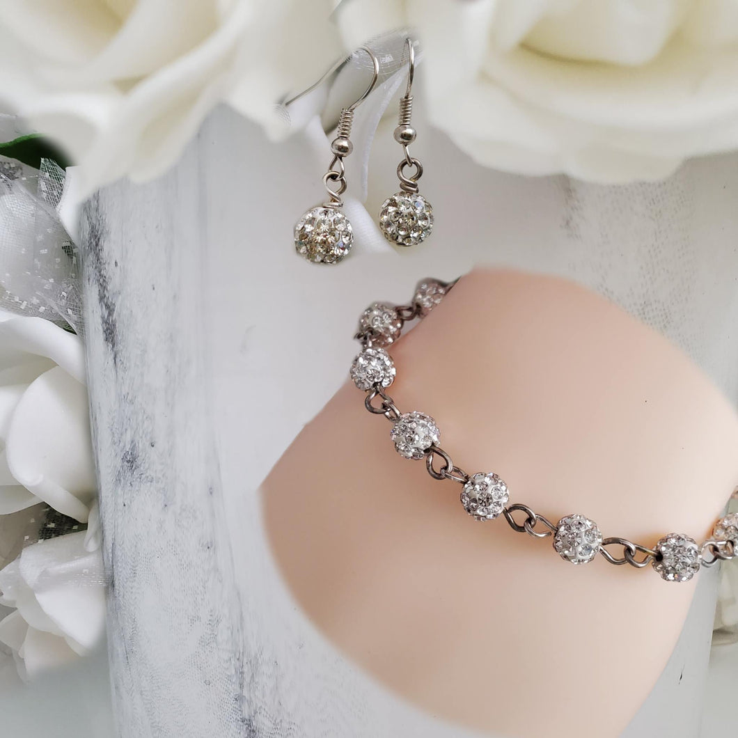Handmade pave crystal rhinestone bracelet accompanied by a pair of drop earrings - silver clear or custom color -Rhinestone Jewelry Set-Bracelet and Earring Jewelry Set