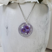 Load image into Gallery viewer, Handmade real tiny flowers pendant necklace with gold leaf preserved in resin. purple and silver or custom color - Tiny Flower Necklace, Flower Pendant, Resin Necklace