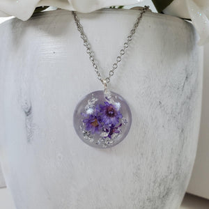 Handmade real tiny flowers pendant necklace with gold leaf preserved in resin. purple and silver or custom color - Tiny Flower Necklace, Flower Pendant, Resin Necklace
