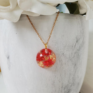 Handmade real tiny flowers pendant necklace with gold leaf preserved in resin. red and gold or custom color - Tiny Flower Necklace, Flower Pendant, Resin Necklace