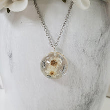 Load image into Gallery viewer, Handmade real tiny flowers pendant necklace with gold leaf preserved in resin. white and silvrer or custom color - Tiny Flower Necklace, Flower Pendant, Resin Necklace