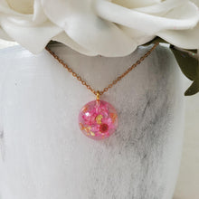 Load image into Gallery viewer, Handmade real tiny flowers pendant necklace with gold leaf preserved in resin. pink and gold or custom color - Tiny Flower Necklace, Flower Pendant, Resin Necklace