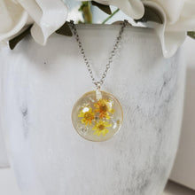 Load image into Gallery viewer, Handmade real tiny flowers pendant necklace with gold leaf preserved in resin. yellow and silver or custom color - Tiny Flower Necklace, Flower Pendant, Resin Necklace