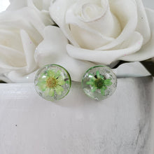 Load image into Gallery viewer, Handmade tiny real flower stud earrings preserved in resin. - green and silver - Floral Stud Earrings, Resin Earrings, Round Earrings