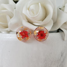 Load image into Gallery viewer, Handmade tiny real flower stud earrings preserved in resin. - red and gold - Flower Post Earrings, Resin Earrings, Round Earrings