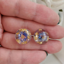 Load image into Gallery viewer, Handmade tiny real flower stud earrings preserved in resin. - blue and gold - Flower Post Earrings, Resin Earrings, Round Earrings