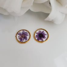 Load image into Gallery viewer, Handmade stud earrings with tiny flowers preserved in clear resin. purple or custom color - Tiny Flower Earrings - Flower Earrings - Earrings