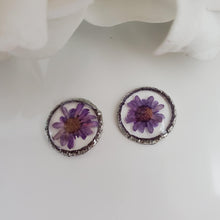 Load image into Gallery viewer, Handmade stud earrings with tiny flowers preserved in clear resin. purple or custom color - Tiny Flower Earrings - Flower Earrings - Earrings