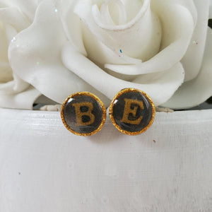 Handmade black and gold letter circular stud earrings. - Initial Earrings - Monogram Earrings - Earrings