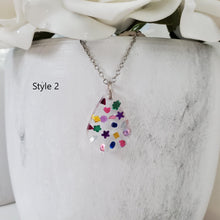 Load image into Gallery viewer, Handmade teardrop pendant necklace with multi-shape and colored rhinestones preserved in resin. - Confetti Necklace, Rainbow Necklace, Necklaces