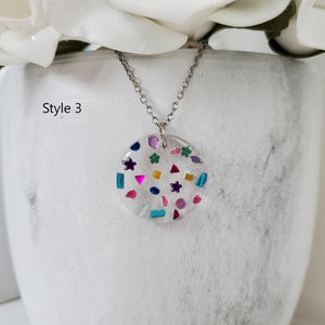 Handmade circular pendant necklace with multi-shape and colored rhinestones preserved in resin. - Confetti Necklace, Rainbow Necklace, Necklaces