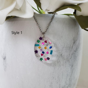 Handmade oval pendant necklace with multi-shape and colored rhinestones preserved in resin. - Confetti Necklace, Rainbow Necklace, Necklaces