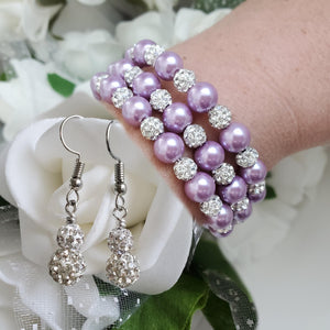 Handmade pearl and crystal rhinestone expandable, multi-layer, wrap bracelet accompanied by a pair of crystal drop earrings, lavender purple or custom color - Bracelet Sets - Bridal Sets - Wedding Sets