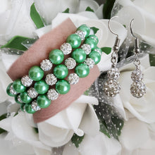 Load image into Gallery viewer, Handmade pearl and crystal rhinestone expandable, multi-layer, wrap bracelet accompanied by a pair of crystal drop earrings, green or custom color - Bracelet Sets - Bridal Sets - Wedding Sets