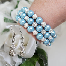 Load image into Gallery viewer, Handmade pearl and crystal rhinestone expandable, multi-layer, wrap bracelet accompanied by a pair of crystal drop earrings, light blue or custom color - Bracelet Sets - Bridal Sets - Wedding Sets