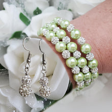 Load image into Gallery viewer, Handmade pearl and crystal rhinestone expandable, multi-layer, wrap bracelet accompanied by a pair of crystal drop earrings, light green or custom color - Bracelet Sets - Bridal Sets - Wedding Sets
